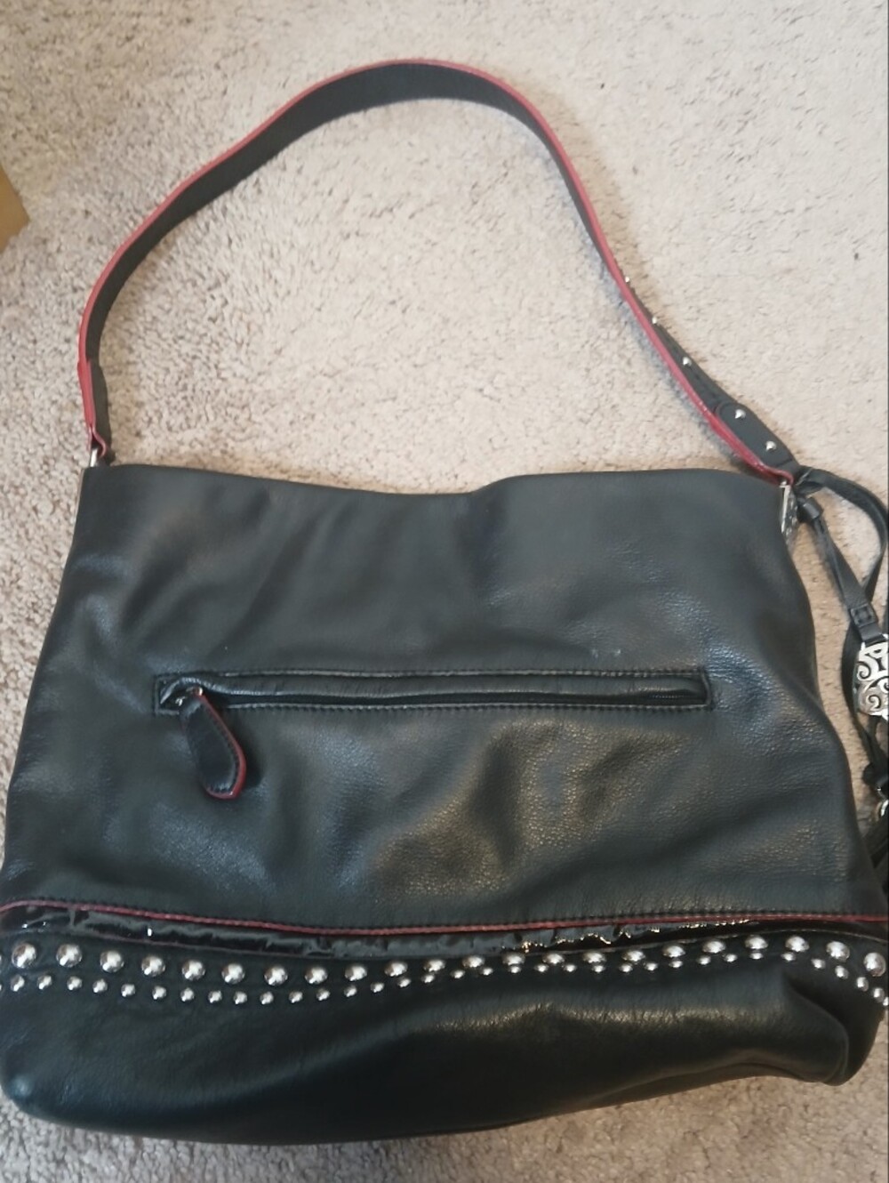 Black Studded Shoulder Bag with Red Trim